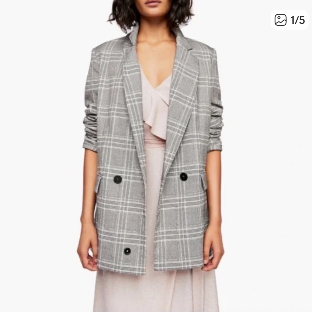 Free People Gray Plaid Double-Breasted Blazer